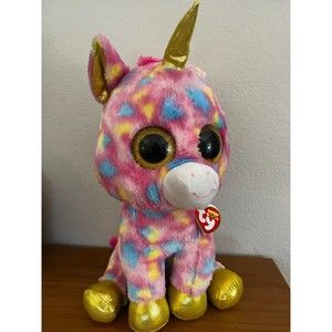 Ty Beanie Boo FANTASIA JUMBO Pink Gold Glitter Unicorn Lrg 17" Plush Multi Color